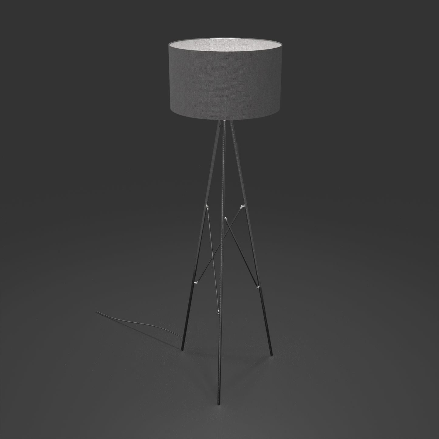 High end designer carbon Fibre tripod floor standing lamp with grey tweed shade and stainless steel accents