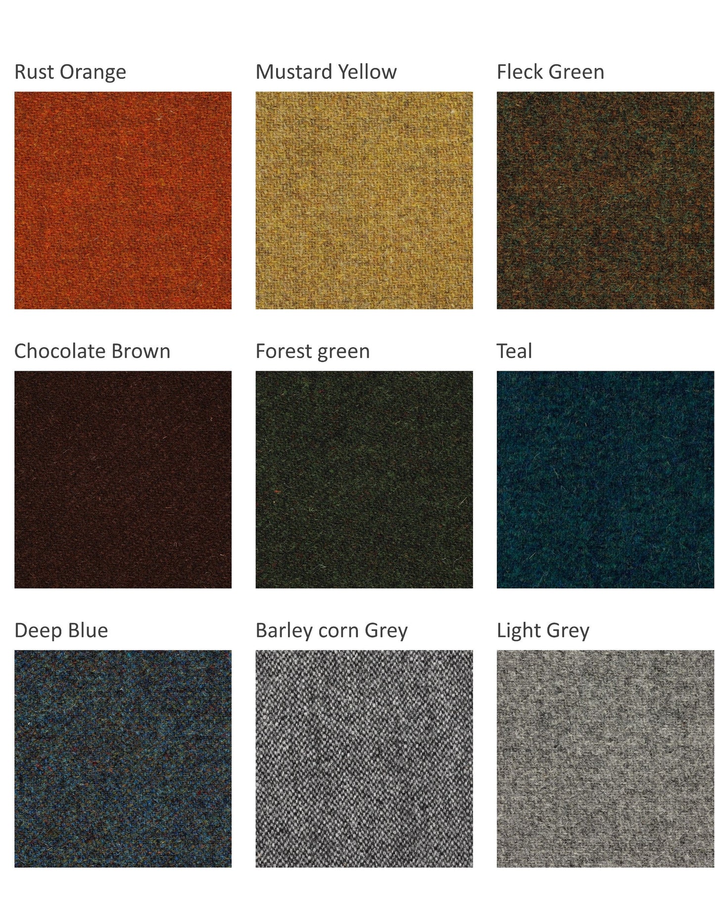 mid century modern colour pallet of Scottish Harris tweed fabrics for lamp shades - Rusty orange, mustard yellow, chocolate brown, forest green, teal, grey
