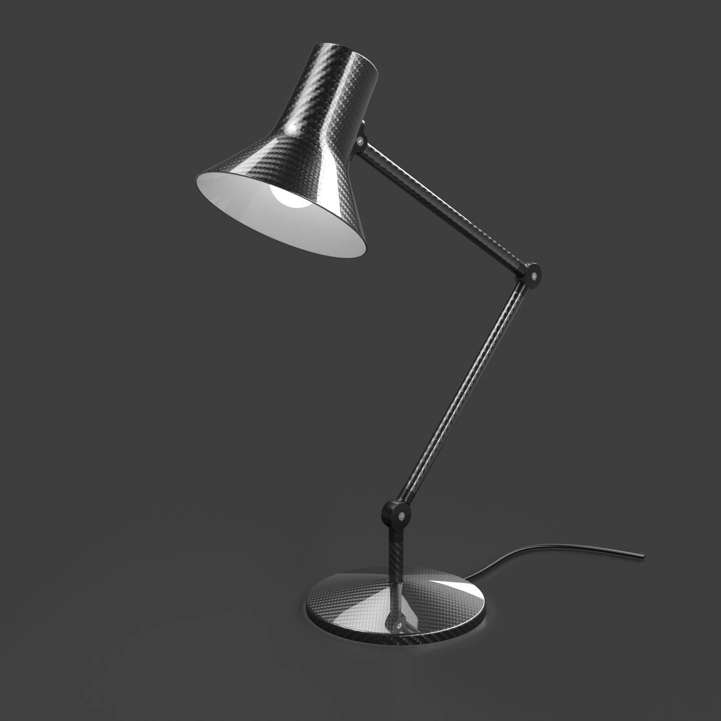 Modern and stylish carbon Fibre desk lamp with dark base and shade with adjustable joints allowing for articulation and adjustment 