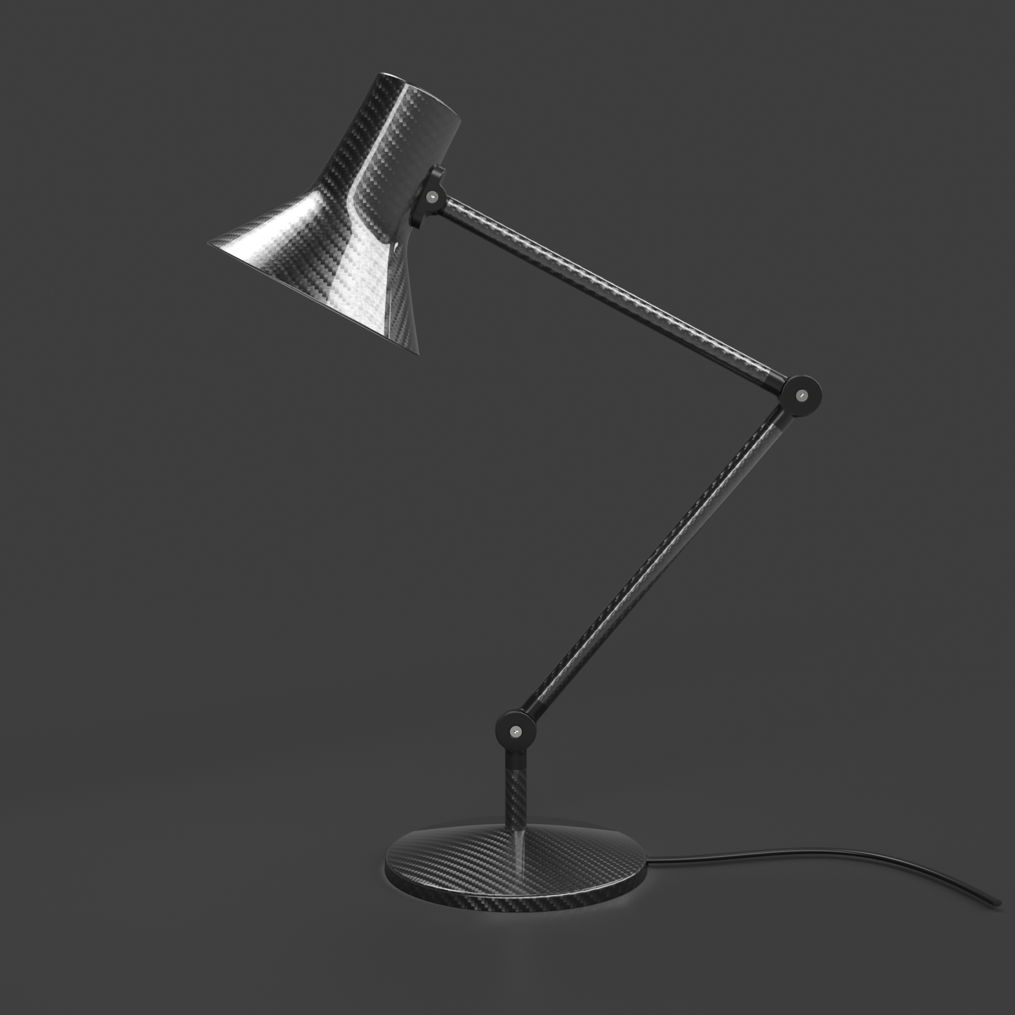 Modern and stylish carbon Fibre desk lamp with dark base and shade with adjustable joints allowing for articulation and adjustment 