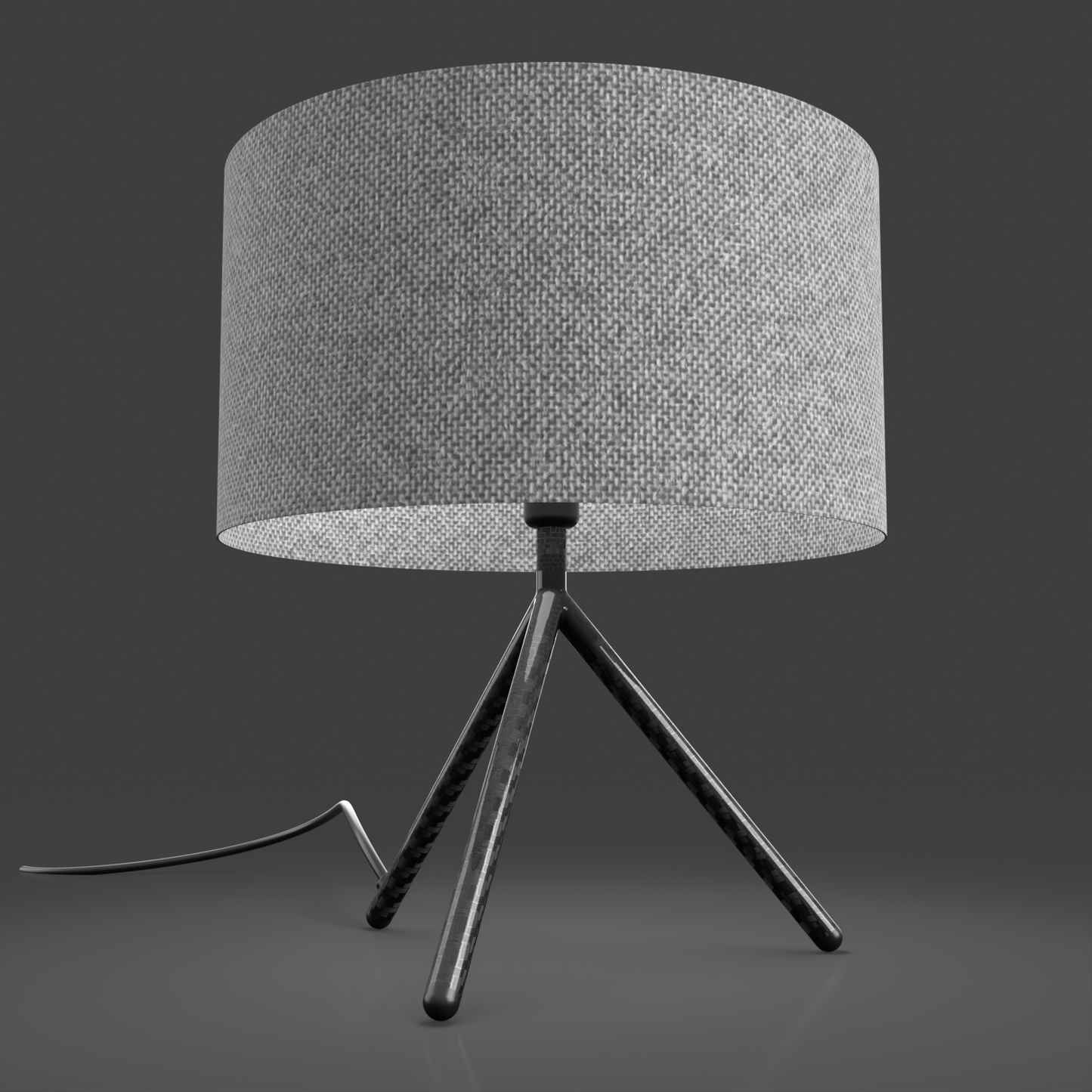 Modern and stylish carbon Fibre tripod table or desk lamp with grey tweed shade 