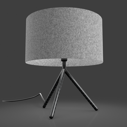 Modern and stylish carbon Fibre tripod table or desk lamp with grey tweed shade 