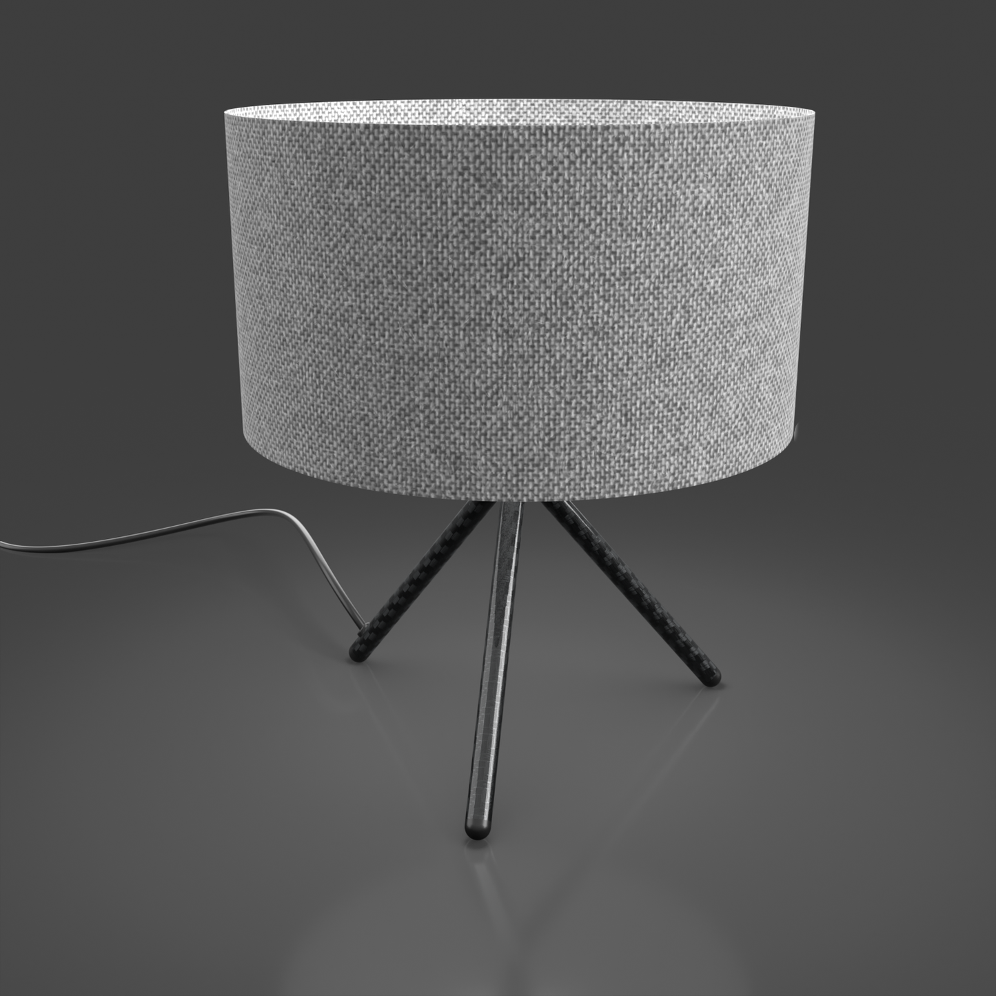 Modern and stylish carbon Fibre tripod table or desk lamp with grey tweed shade